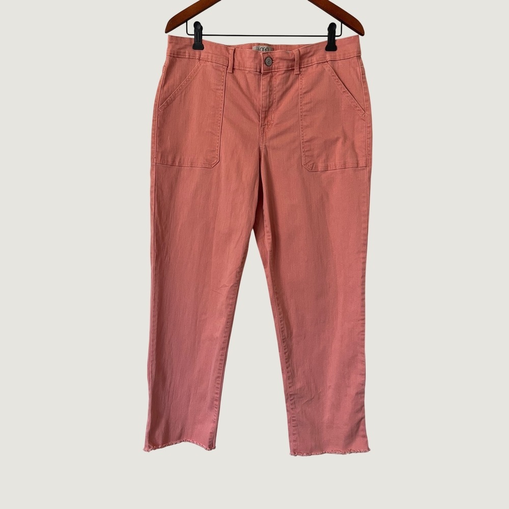 LOGO Lori Goldstein Boyfriend Jeans Coral Pink Raw Hem Utility Pants Size 14